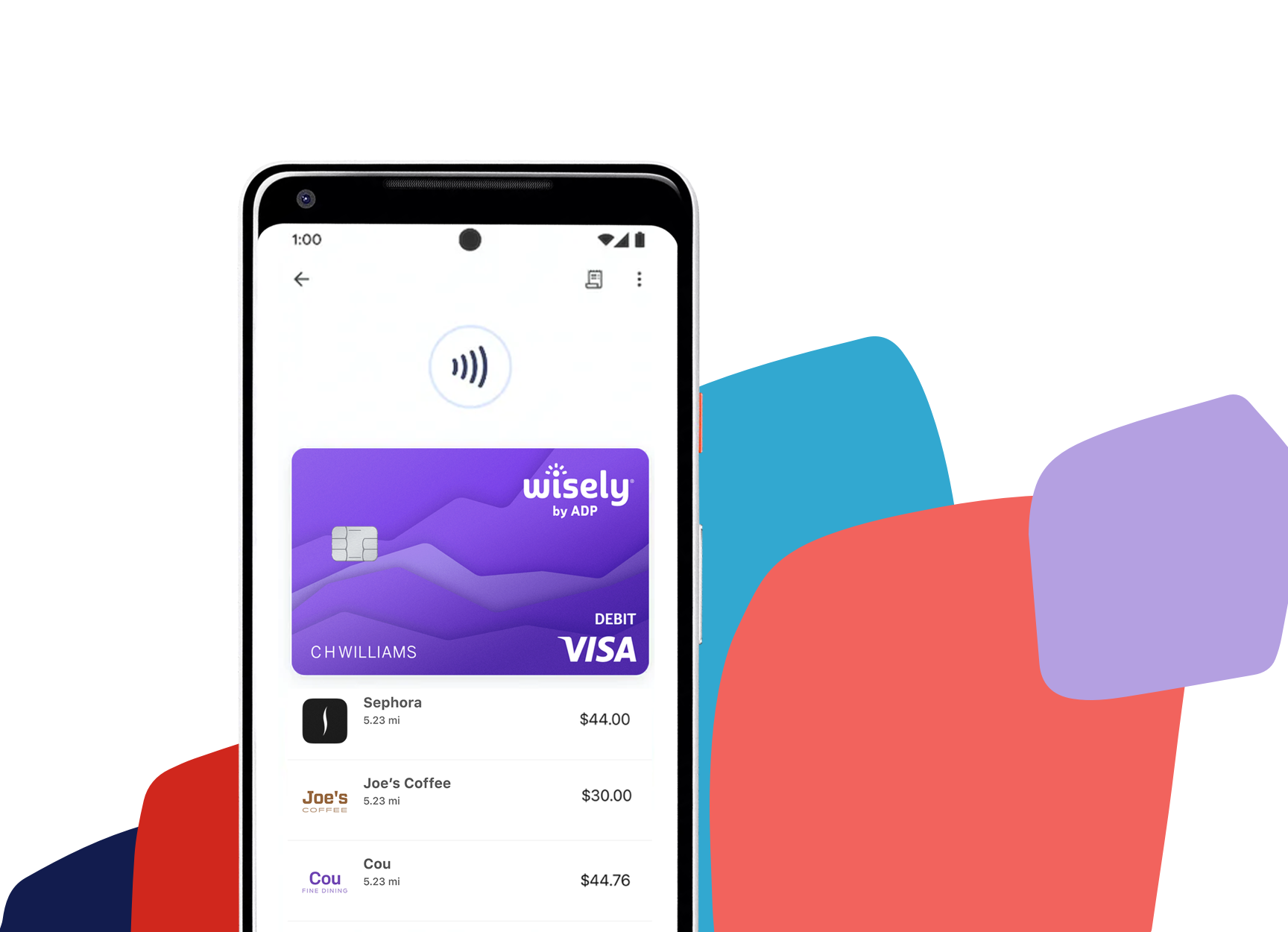 Phone screen shows Wisely card linked to Google Pay.