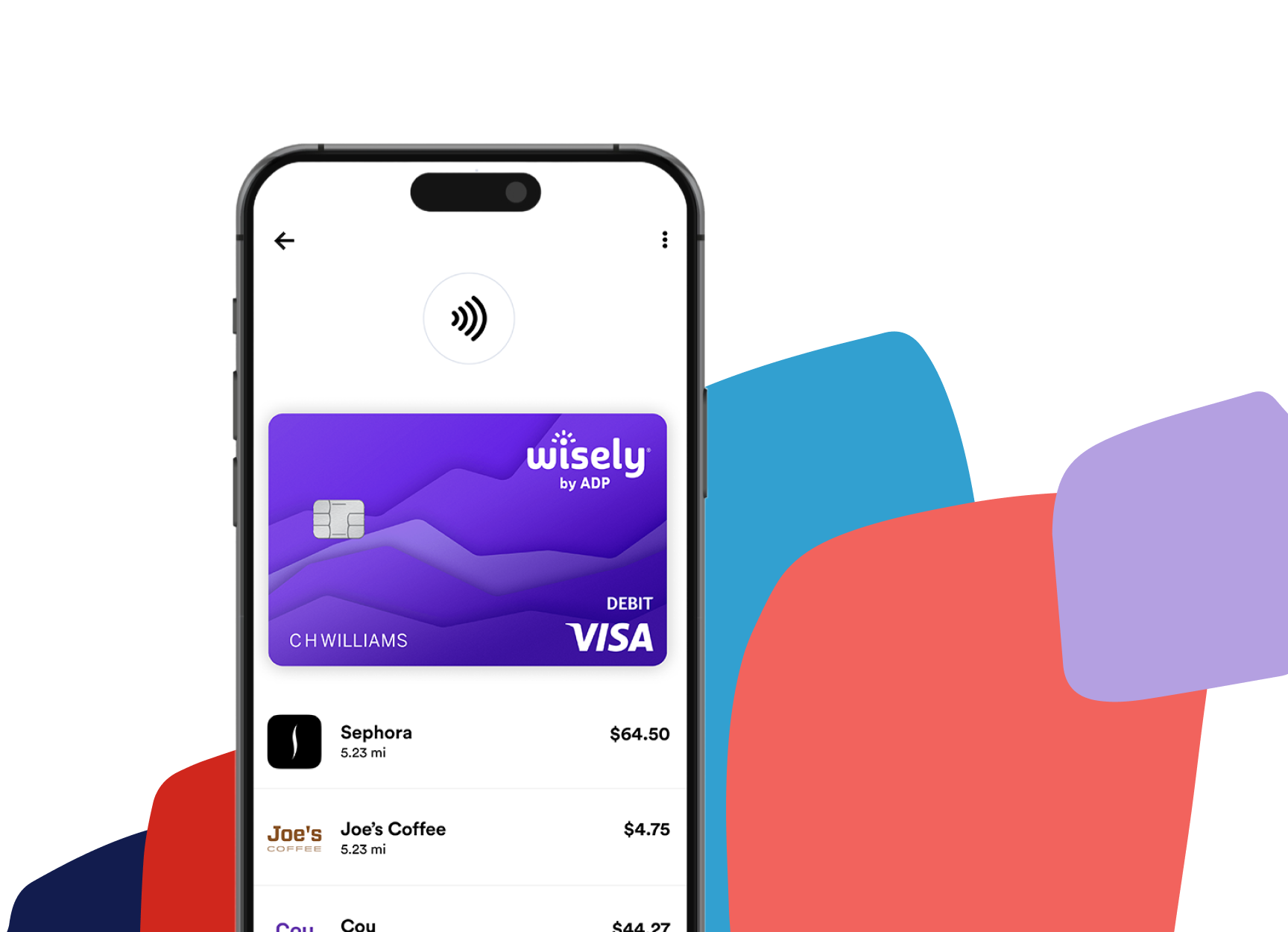 Phone screen shows Wisely card linked to Google Pay.