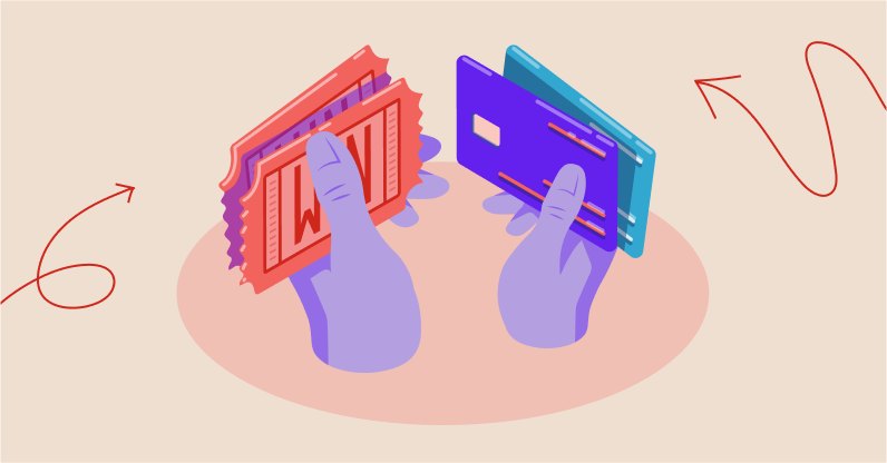 Illustrated hands holding debit cards and tickets