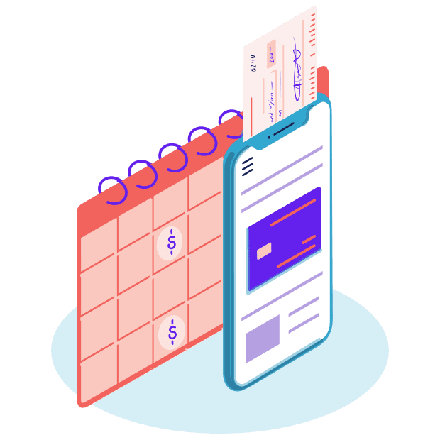 Illustration of check, phone, and calendar, representing early direct deposit access.