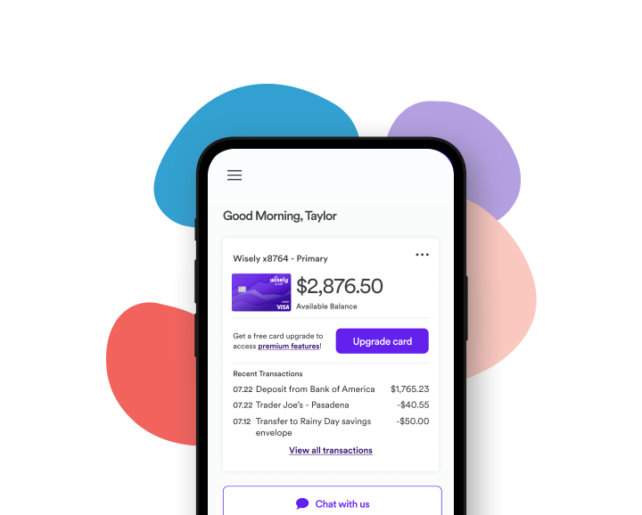 illustration showing myWisely app example screen with Upgrade Card button just below Available Balance