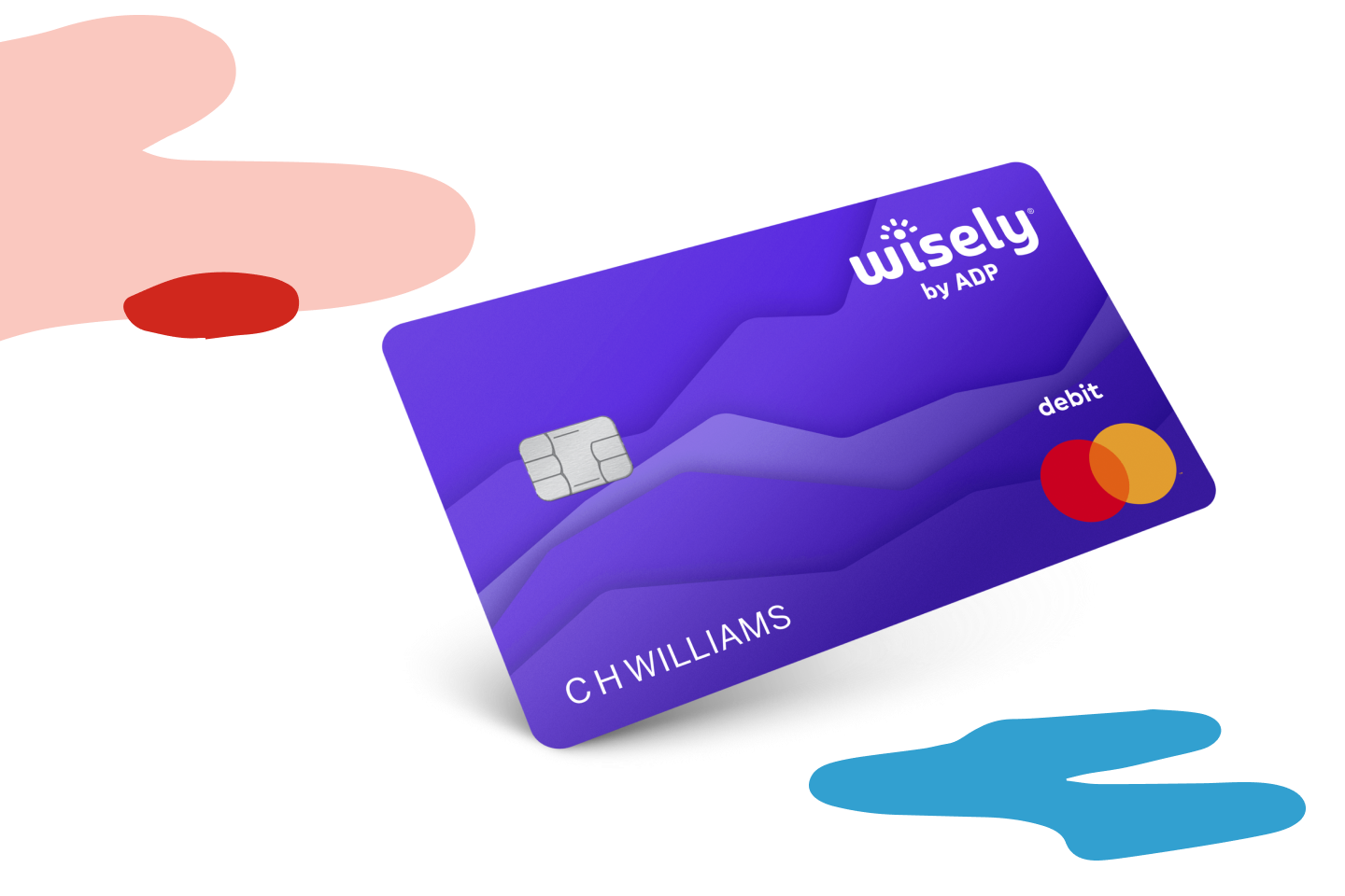 graphic illustration of the purple Wisely prepaid debit card with Mastercard insignia