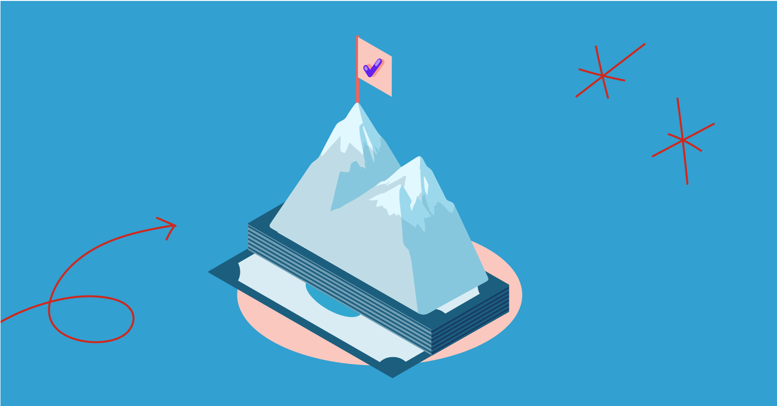 illustration showing flag atop a mountain peak on top of a stack of money, suggesting having "won" at becoming financially stable.