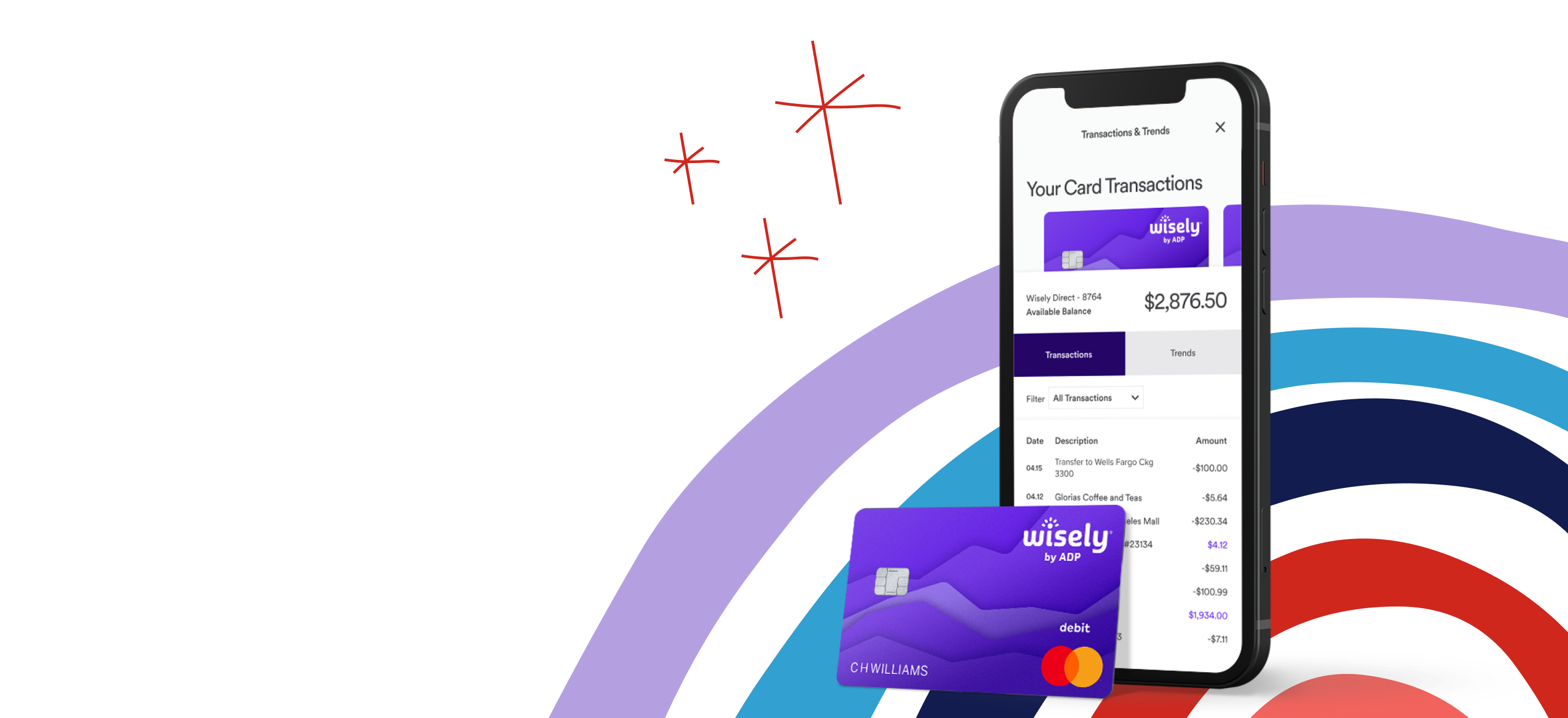 myWisely mobile app interface showing card transactions in the background and a wisely debit card in the foreground