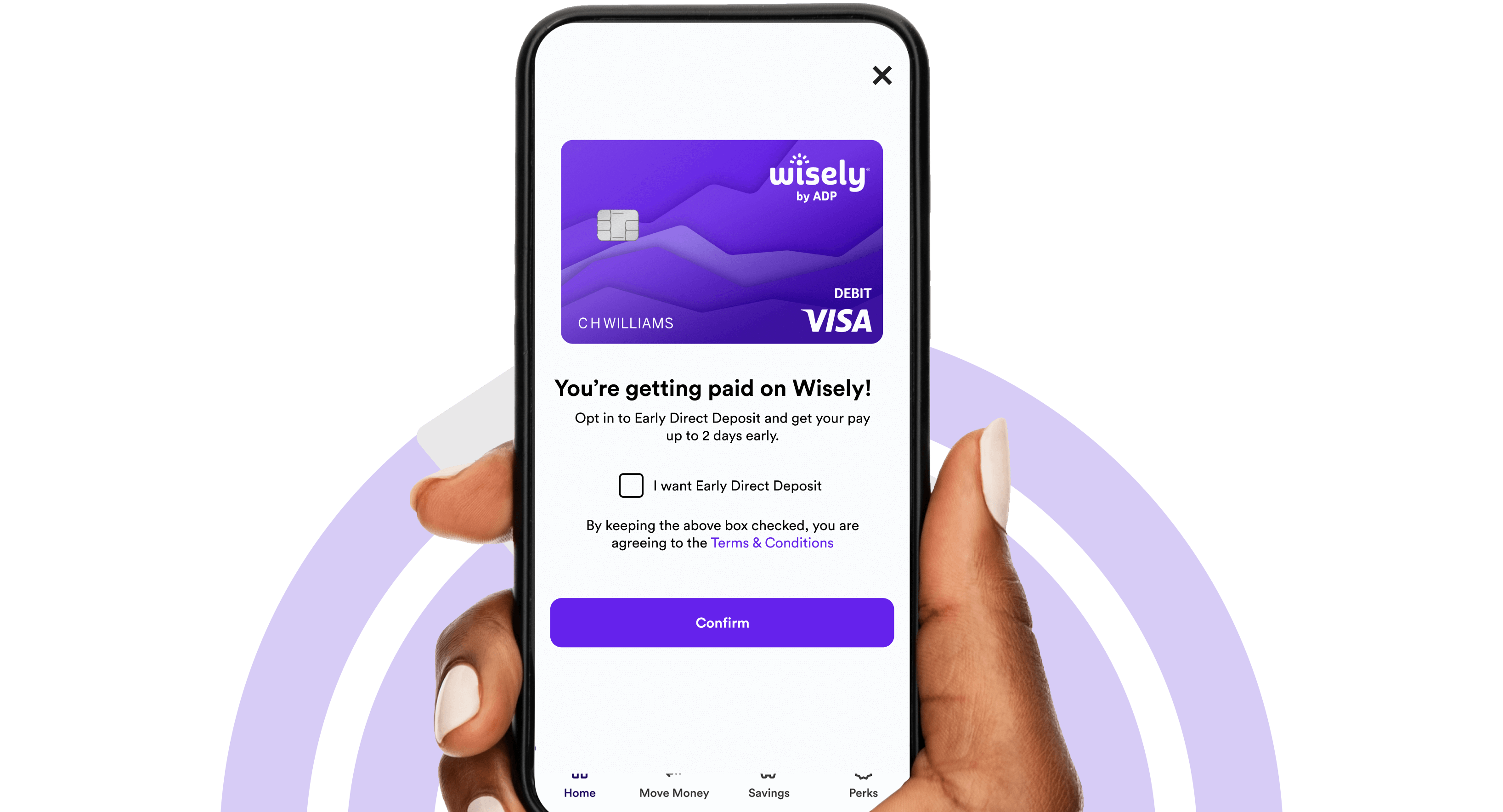 Mobile app view of early direct deposit opt-in option