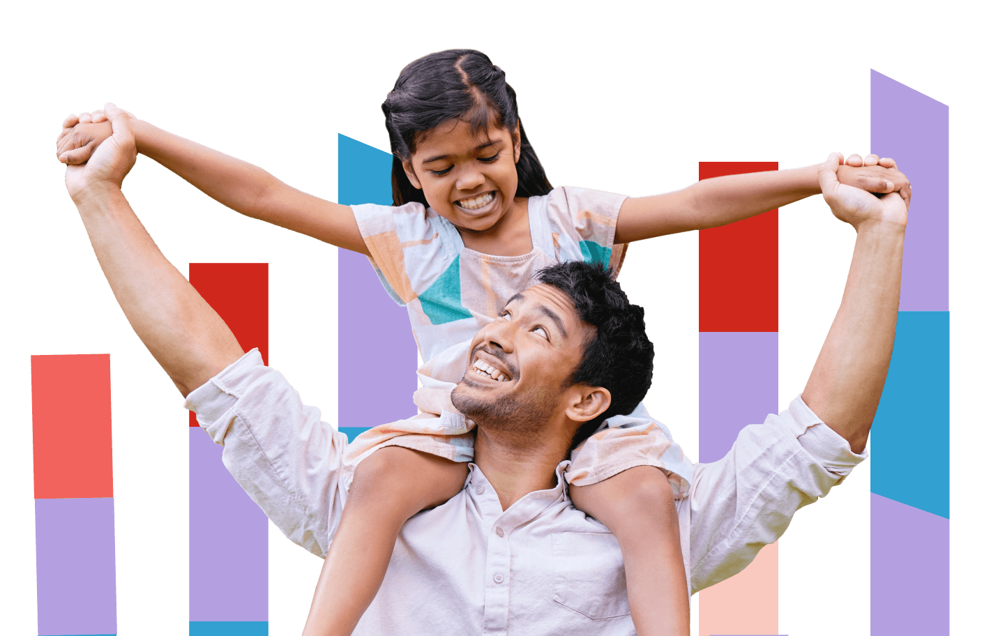 Confident, smiling man with daughter on his shoulders suggesting responsible spending for financial stability