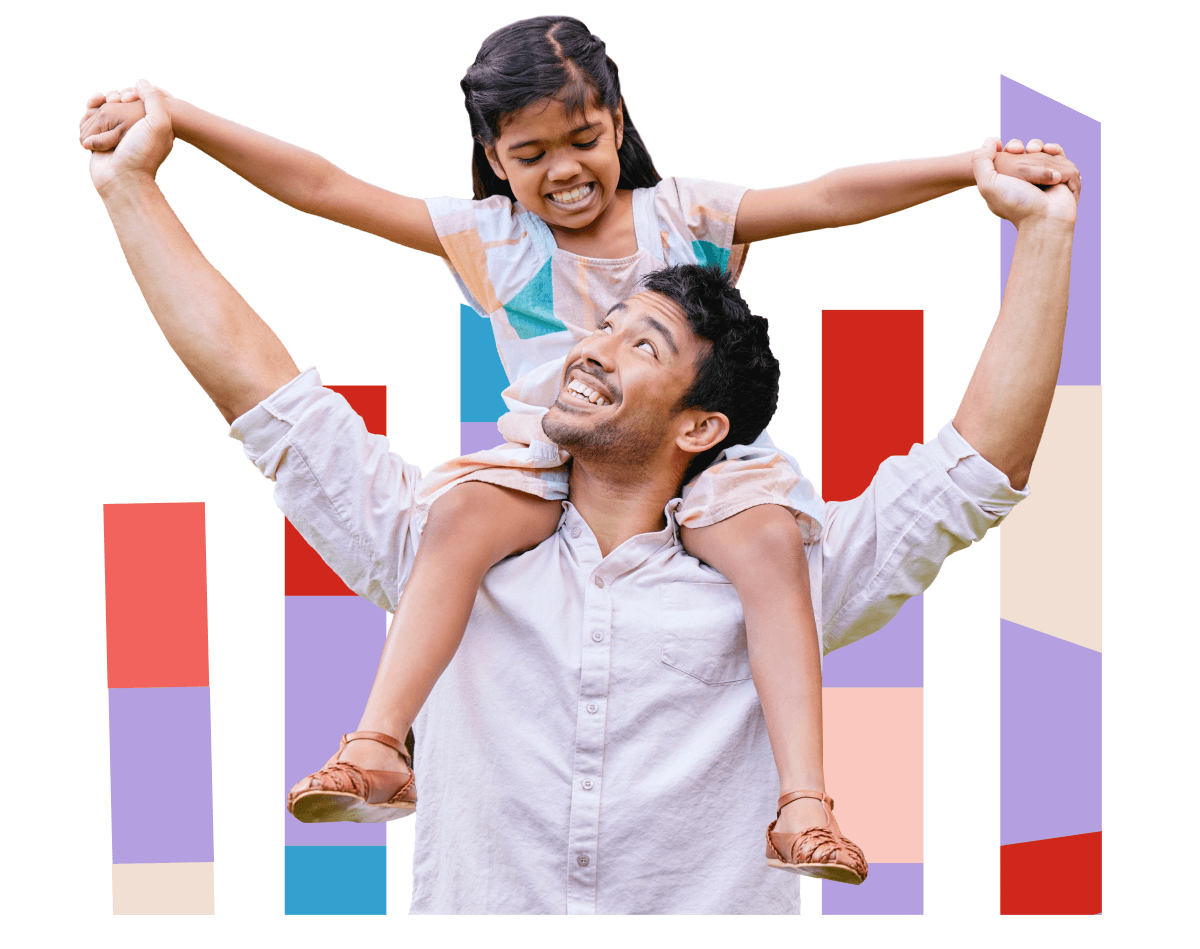 confident, smiling man with daughter on his shoulders suggesting responsible spending for financial stability