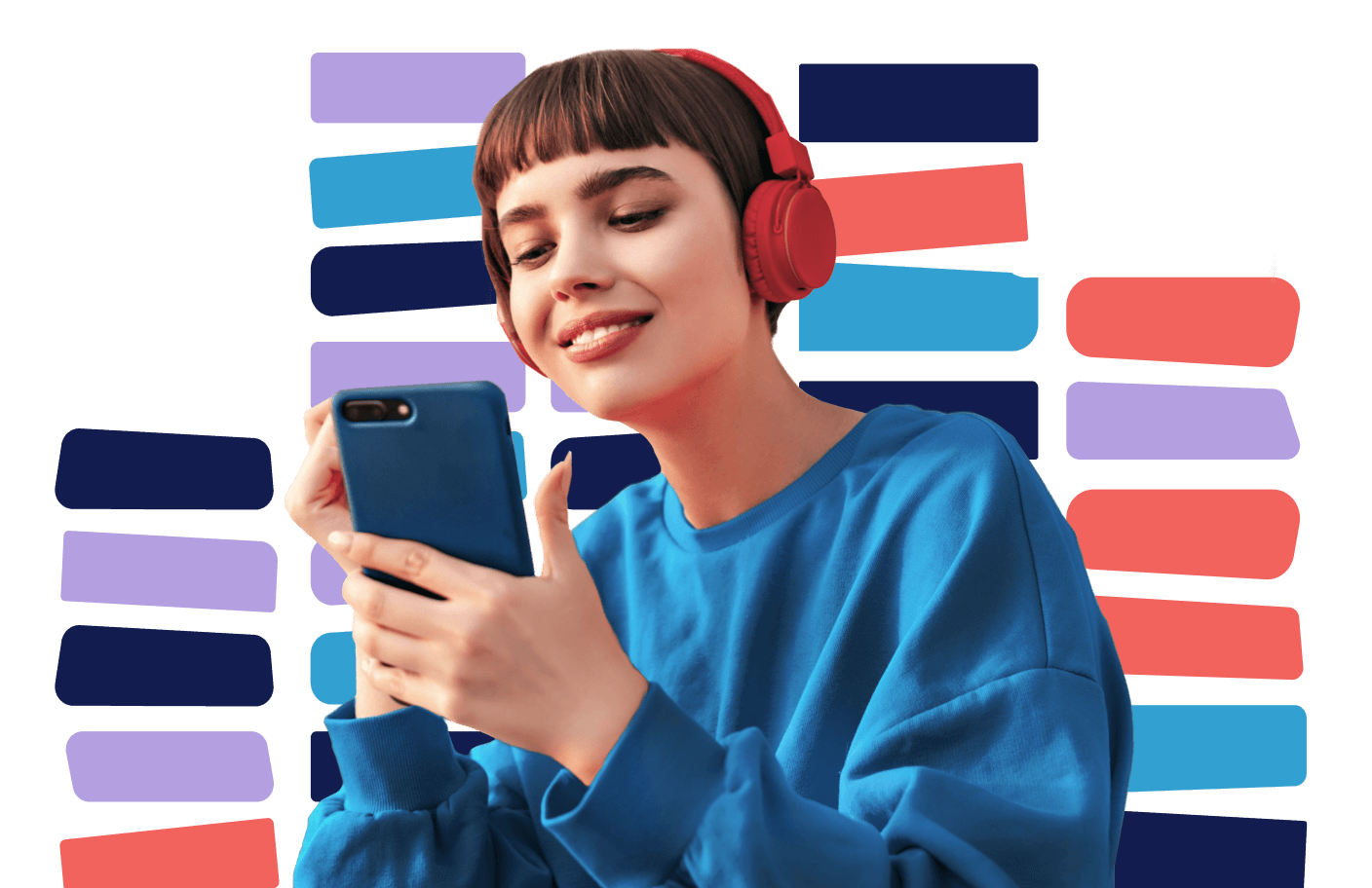 woman wearing headphones easily managing online bills via mobile phone