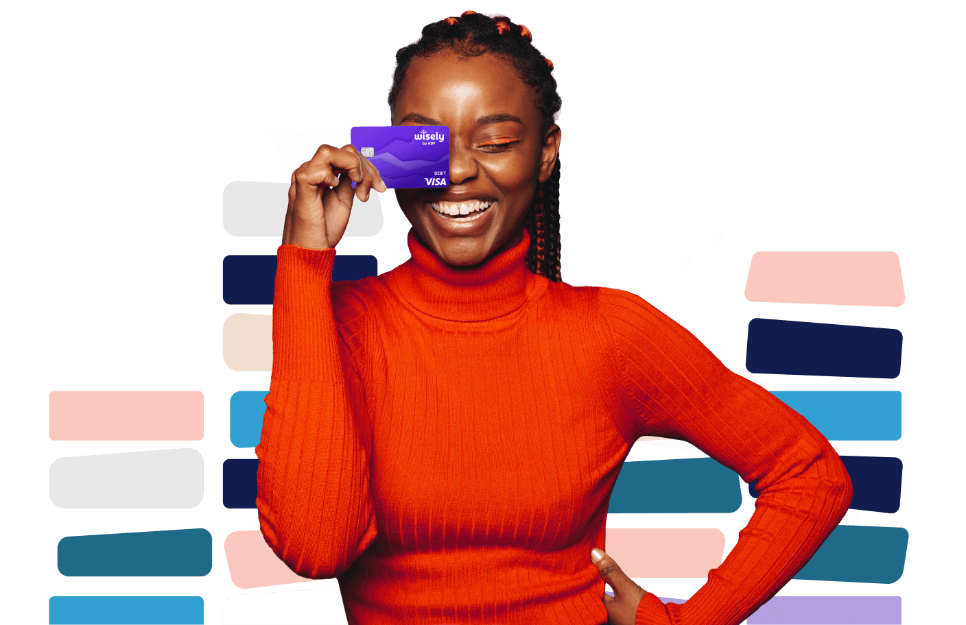 smiling woman holding up a purple wisely card