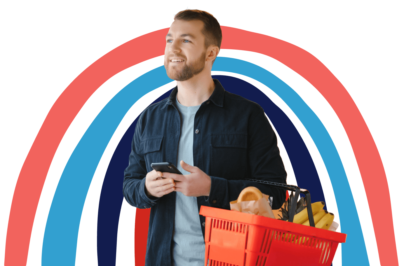 man with grocery shopping basket looking optimistic about finances