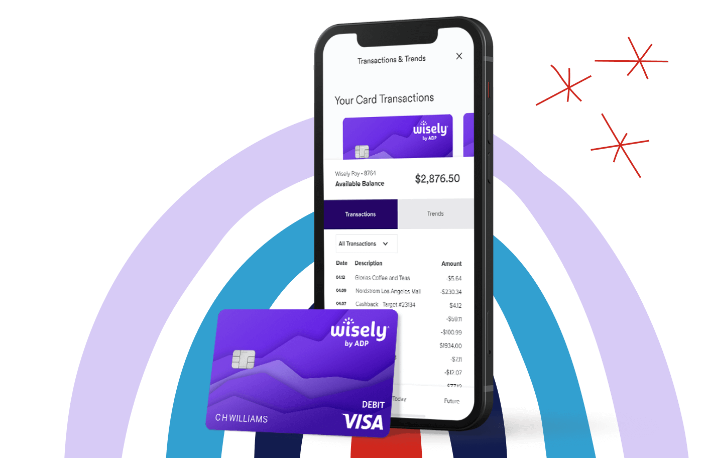 myWisely mobile app interface showing card transactions in the background and a wisely debit card in the foreground